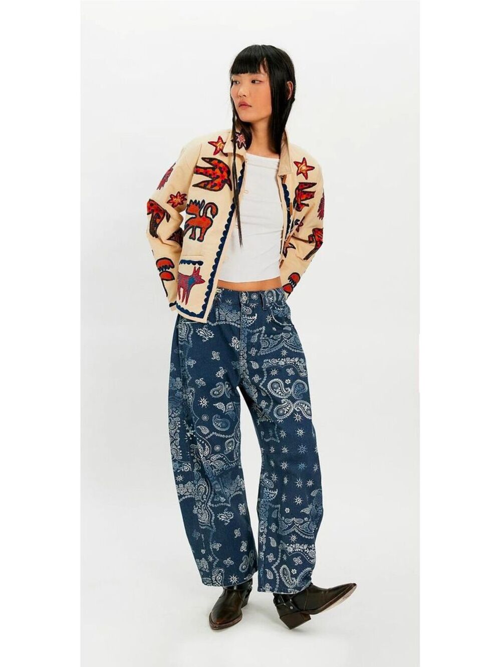 CURRENT- $128|Sz.29|We The Free Good Luck Printed Barrel Jeans